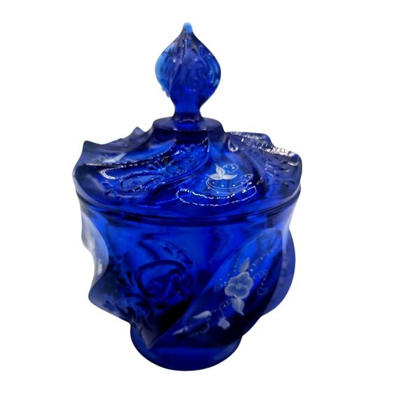 Fenton Other - Fenton Glass HP Artist Signed Cobalt Blue Paisley Swirl Candy Jar & Lid